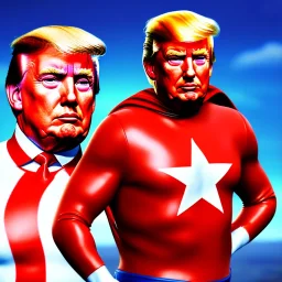 Realistic image of Donald trump super hero, retro style, watchmen style, red and blue colors, white stars, suspenders, latex material, 80s, vibrant color, highly detailed, sky background, concept art, unreal engine 5, god rays, ray tracing, RTX, lumen lighting, ultra detail, volumetric lighting, 3d, finely drawn, high definition, high resolution.