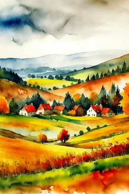 Autumn Czech valley in the rain. - Watercolor and watercolor painted style - Jenna Rainey style