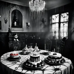 [a vintage-style image with noisy scratches and glitches, capturing the essence of an eerie scene] a Spooky Birthday Party unlike any other, hosted by Pugsley Addams himself. Within the eerie halls of the Addams Family mansion, haunted cakes with spiderweb frosting and ghostly party games that defy the laws of the living await the guests. The decorations, adorned with cobwebs and flickering candles, cast a spectral glow over the festivities. As the peculiar guests mingle in the shadows, Pugsley