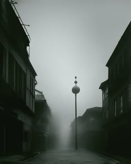 Dark street creepy fog colours strong texture nightmare 8k artistic Photography volumetric light, Yves Tanguy Max Ernst