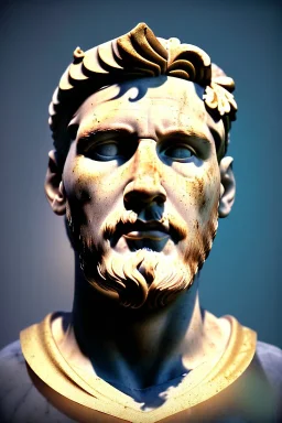 Ultra Realistic image, Roman sculpture, white marble material, Lionel Messi, gold Laurel leaves wreath, renaissance ornaments, one gold star in heart, sun ornament, blue marble background, chisel style, waist up portrait, emperor style, epic, celestial, cinematic lighting, God light, god rays, 4k resolution, smooth details, ornate details, soft lighting, unreal engine 5, art station, substance 3d.