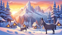 Forest donkey in snow village and magic forest connect with mountain and beautiful sunset , cartoon, style