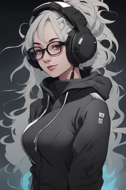 A 27-year-old young gentle woman, with curly black hair, a thick chin, and wearing glasses, black clothes, hoodi, cry,cyberpunk, smart face, Confident smile, with fire powers