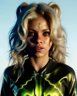 portrait, Shakira, blonde artist, angry, Realistic image, MMA robe, hoodie, mma gloves, loose long hair, eyes, makeup, gold line make up, moisture, sweat, fog, goddess, Neon colors, leds. Black background, photo studio, concept art, smooth, unreal engine 5, god lights, ray tracing, RTX, lumen lighting, ultra detail, volumetric lighting, 3d, finely drawn, high definition, 4k.