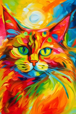 abstract portrait painting with blurred and incomprehensible details, large strokes of bright colors, an orange sun with the a cat eyes , and hair sticking out in different directions, in the bright rays of the sun