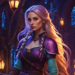 Rapunzel assassin,colorful8k resolution concept art, Greg Rutkowski,SIXMOREVODKA, pastel color, Nighttime Lighting, digital illustration, 4K, Hyperdetailed, Intricate Details, 3D shading, Art of Illusion