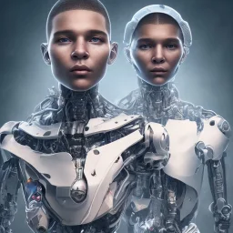 portrait 2 robots face, lionel messi perfect face and kylian mbappe perfect face and portrait post-apocalypse perfect cyborgs in a cyberpunk city, sci-fi fantasy style, 8k,dark