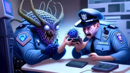 male cop dispatcher deals with evil virus hatching from the phone