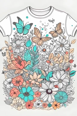 draw line art featuring various spring elements like flowers, leaves, and butterflies, forming a captivating for a stylish long t-shirt.