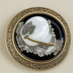 coaster of kingfisher ivory brooch with black pearl inlay, opalescent marble carving, decorative design, classical ornament, highly ornate, highly intricate, highly detailed etching, marble carving, warm lighting, linen backdrop