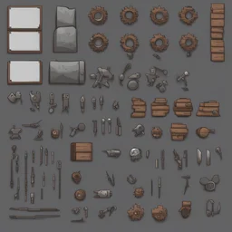 Sprite sheet, Wood, Nails, Metal scrap, cloth, electronics, gears, icons, survival game, gray background, comic book,