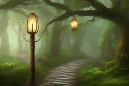 wooded forest stone path lantern