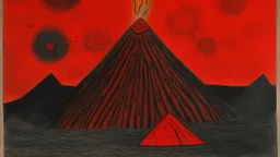 A dark red volcano with lava pits designed in African pottery painted by Paul Klee