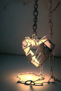 Position the broken chain slightly above the origami heart, Use soft lighting, casting a gentle glow on the origami heart,The chain could have a distressed or worn-out appearance, highlighting the idea that obligation can be restraining and burdensome.