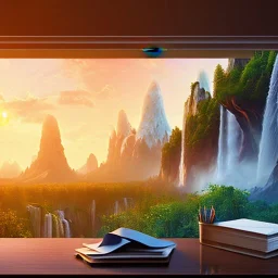 desk, parquet, sheet of paper, little pen, in front of a huge picture window with large view on a waterfall with warm light, sunset ,pixar style, panorama, nature, globe, HD, Hallelujah mountains