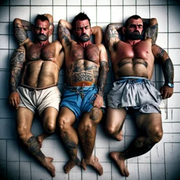 close up 35mm lens, top view of three gipsy prisoners 45 years old sleeping laying down inside a dirty jail, ugly, bullneck, strong beefy, in tank top, manly chest, tattoo, misery and poverty, photorealistic, ultradetailed, 32keyes