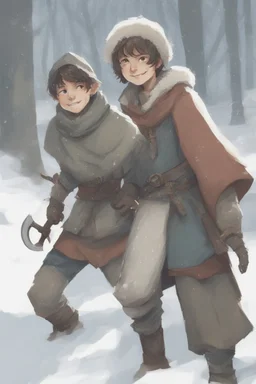 DnD style, two medieval peasant kids playing in the snow, female age 14 and male age 15, happy and playful, he has a short sword.