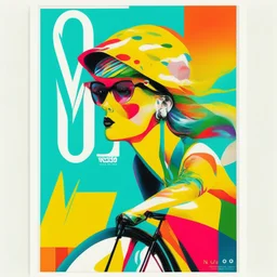 A vogue-like poster featuring a cyclist. No writing, no words. Colourful, fashion.