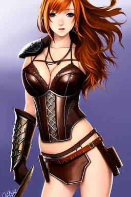 concept illustration, super-detailed, strikingly beautiful teen female, 16 years old, waifu, long ginger hair, medium freckles, full lips, full body, full face, b-cup breasts, athletic, centred camera, ignore NSFW, skimpy brown fantasy leather armor, halter top, micro thong, knee-high leather boots, open leather tasset, stern expression,