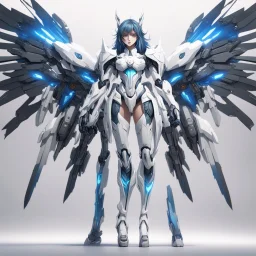 High quality 4K illustration of 25 year old anime style woman, full body with white armor, ultra detailed, modern, matte color details. The intricate design of the mecha features multi-layered scale armor and complex elements. The armor is light and tight, detailed on his legs. With enormous black and white wings extending from her back, her long blue hair is styled with diagonal bangs in a French braid. Red scarf around the neck. Bright white background, high brightness and contrast, cinematic