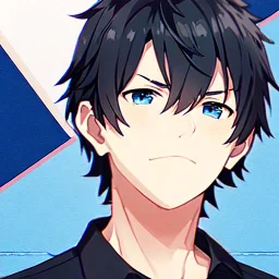 (masterpiece), (anime style), award winning, close up, centered, headshot, looking toward camera, messy black hair, young man, blue eyes, modern intricate background, dynamic lighting, depth of field, ultra detailed, (epic composition, epic proportion), 2D illustration, professional work, black clothes