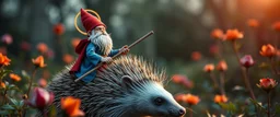 depth of field, halo, close up on blue and red clothed gnome riding hedgehog opossum with lance in garden of eden in the style of Escher and Giger