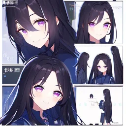 Clear focus,8k,Beatiful Lighting,Beatiful Blur,Beatiful Face,Beatiful Shading,Black long hair,silky hair, long silky bangs, Purple eyes, wearing a sailor uniform outfit, Hair in eyes, lot of hair, Line art, Happy, Smiling