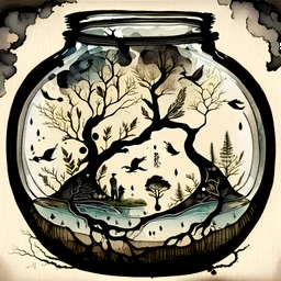 a world in a jar illustrating the cycle of seasons using a combination of Chinese ink painting, Native American art, African tribal art influences