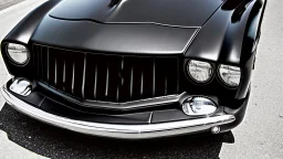 Photograph of a the front grill of a gorgeous, expensive, oldschool black muscle car with a big, black front grill, realistic, stylish, taken up close, symmetrical