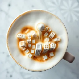 close up top-down view of a latte with a maximal complex Seattle city skyline formed in the milky foam, 2D miniature city, macro photo, professional photography, looks like an advertising campaign photo, delicious