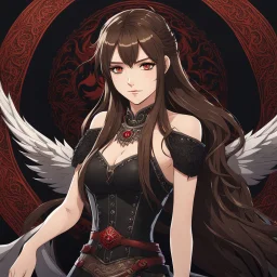 An arrogant looking young woman with pale skin and long brown hair in an outdoor fantasy setting with intricate details with a dragon flying in the far distance of the background. She is smirking, wearing black and read leather, has red eyes, an air of malevolent power surrounds her. Anime style. High definition.