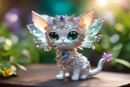 Coloured glass cute chibi cat fairy in the garden set with gemstones, glittering metal stems and gemstone leaves on a room table sharp focus elegant extremely detailed intricate very attractive beautiful dynamic lighting fantastic view crisp quality exquisite detail gems and jewels S<AI in sunshine Weight:1 Professional photography, bokeh, natural lighting, canon lens, shot on dslr 64 megapixels sharp focus Weight:0.9