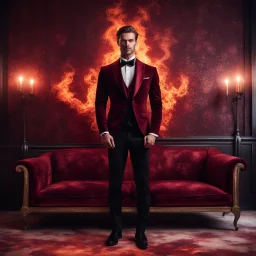 Hyper Realistic Handsome-Muscular-Man-with-little-smile Wearing Maroon-&-Black-Velvet-Tuxedo in flame-patterned-vintage-wall with glowing-embers on the floor in a dark-room with fancy-couch-&-fancy-lamps-on-wall