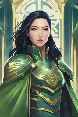 Young Asian Woman with long dark blue hair, vivid green eyes, wearing gilded white Greek armor, light green cape, futuristic Coliseum background, RWBY animation style