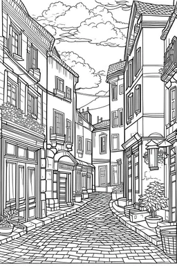 outline art for Old European street for adults with Old European street , white background, Sketch styl, only use outline. clean line art, no shadows and clear and well outlined, Intricate Patterns and Details