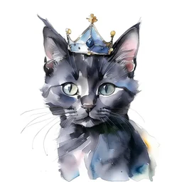 Watercolor, black kitten, cute, a tiara on the head