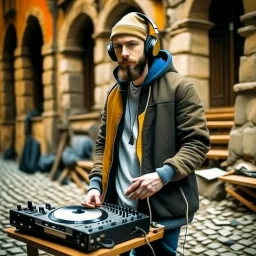 short beard man with cap, DJ play records ,at medieval city street background, full body