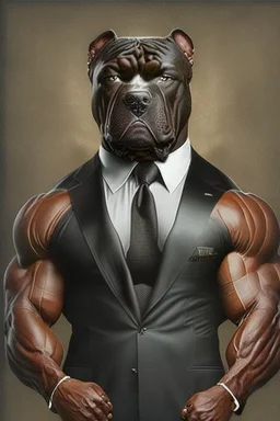 Bodybuilder Lee Haney with the face of a Rottweiler dog A dog's head instead of a person's head Only the player's body with a bulldog head on it He wears a luxurious black suit and holds a luxurious cigar