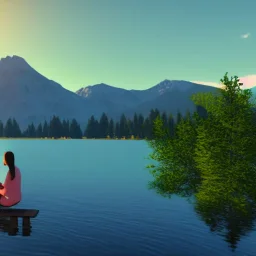 Lofi girl sitting in front of a lake, one big mountain in the background, Cherry trees on the right and left side of the image, sun set, mountain reflects in the lake, realistic setting, 8k unreal engine 5