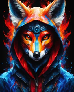 Vibrant and dynamic masterpiece with fluid patterns forming a killer fox wearing a hood and a gas mask, its eyes are intense. Bright colors of red, blue and a touch of yellow, creating a fascinating effect. The black background creates a strong contrast, making the colors stand out even more., concept art, dark fantasy, vibrant, painting, portrait photography