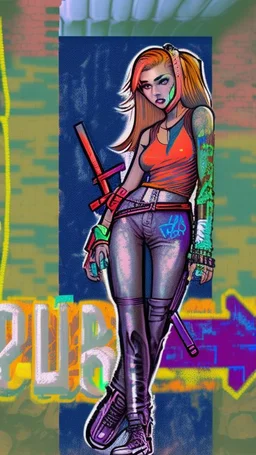 teen woman in retro-futurist cyberpunk costuming with pants and sheathed swords leaning to the side with shoulder against a brick pillar, add a background of brick with graffiti of a large arrow pointing to the right and text of the word "PUB" on lower left