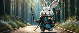 High-end hyperrealism epic cute fluffy rabbit hero holding a bow and arrow, Steampunk-inspired cinematic photography, symmetry forest alley background, Aesthetic combination of metallic sage green and titanium blue, Vintage style with brown pure leather accents, Art Nouveau visuals with Octane Render 3D tech, Ultra-High-Definition (UHD) cinematic character rendering, Detailed close-ups capturing intricate beauty, Aim for hyper-detailed 8K