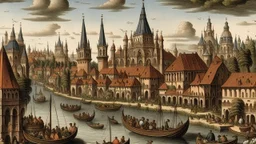 A medieval city with a tall tower and domed buildings, surrounded by a river or canal with people in boats, and palm trees in the foreground