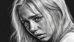 Black and white pencil sketch of a sad blonde girl in tears, photorealism, 3d, 64k, high resolution, hyperrealism, f/16, 1/300s.