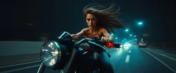 spy movie, fish eye lense, pin hole cam, master oil painting by Rembrandt, good afternoon bitch scary hot seductive female riding sports bike with motion blur and smeared lights in the night, stylistic poster, in the style of total recall, huge bugrat in the background with wind blowing in the hair, high speed, intense eyes