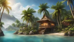 a thailand fantasy agoon with palm trees and tree house on the lagoon’s beach and detail real cozy look n 8k realistic