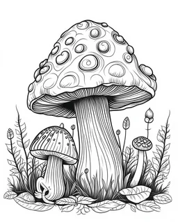 mushroom world with snail on 1 mushroom minimalistic landscape. line art, background, vector, svg, coloring book page style, black outline on white background