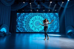 modern stage with gray-blue theme artistic decoration , color full dynamic lighting, a beautiful lady in pants and blouse with sport shoes dancing, 3D recursive fractal structure animating background