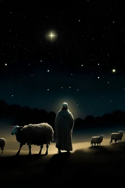 There are sheep and shepherds in the field. it is dusk and there are stars in the sky and one big star. a large shining angel looks at the shepherds and many smaller angels are behind.