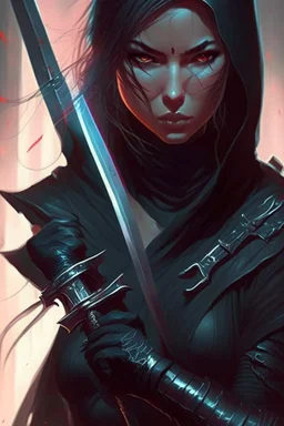 a woman in a black outfit holding a sword, concept art | artgerm, beautiful female assassin, snake assassin, ninjala, greg rutkowski and artgerm, 2. 5 d cgi anime fantasy artwork, cyberpunk assassin, female assassin, marc brunet, portrait ninja gaiden girl, anime fantasy artwork, kunoichi